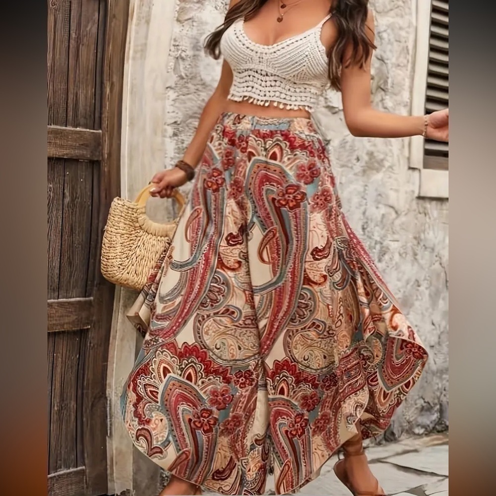 Wide Leg Pants Boho Chic Vintage Paisley Loose Fit Elegant Large Lightweight NEW - Picture 3 of 15